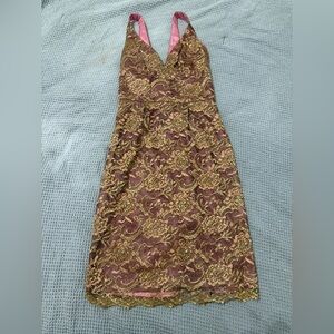 {TRINA TURK} Gold Beaded Sequin Floral Dress